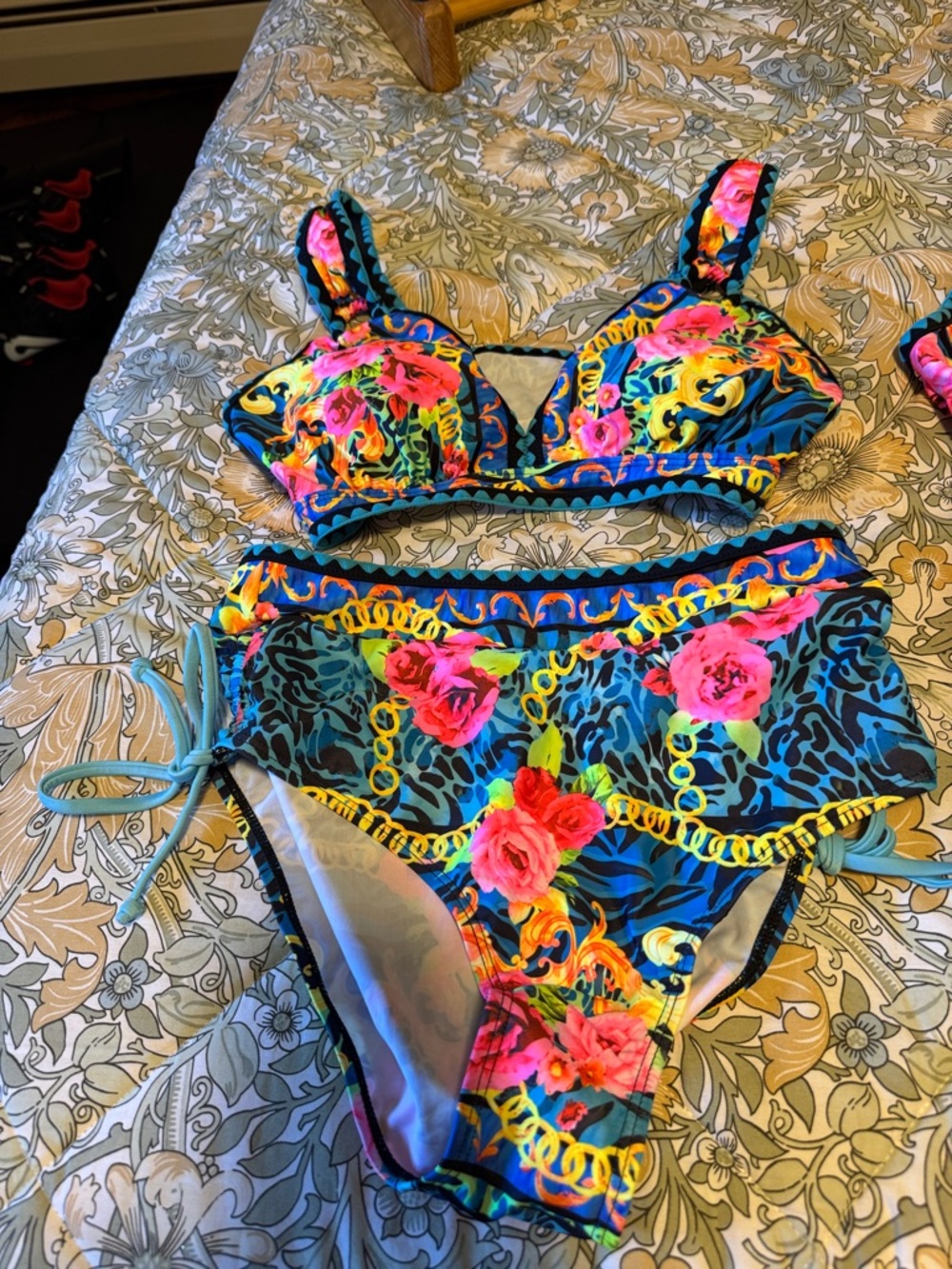 Vibrant Floral & Animal Print Bikini - Bright Blue, Pink & Yellow